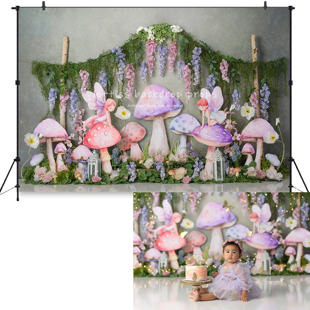 Butterfly Fairy Garden Backdrops Kids Baby Birthday Cake Smash Props Child Girl Photography Spring Floral Mushroom Backgrounds