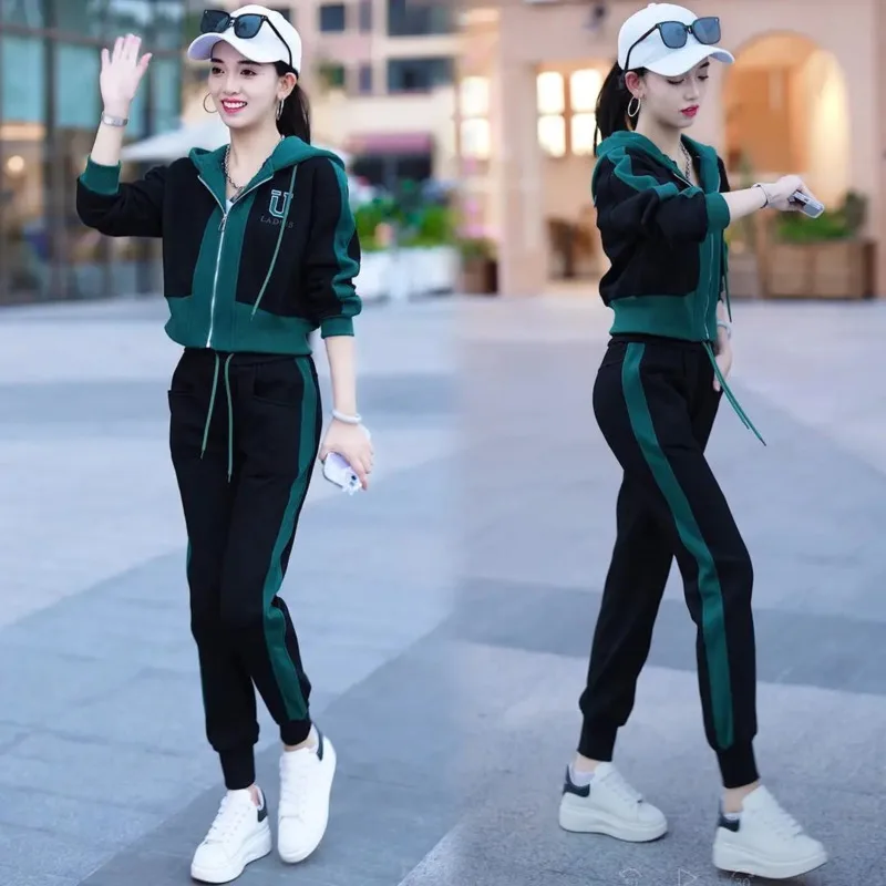 Women\'s Spring Autumn Hooded Sports Suit 2024 New Popular Fashion Leisure Cotton Zipper Jacket Corp Tops And Pants Two Piece Set