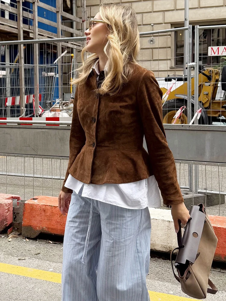 Trendix ブラウン ヴィンテージ スエード ジャケット レディース 2026 春 スリム 長袖 ショート ジャケット ストリート カジュアル ファッション カーディガン アウター