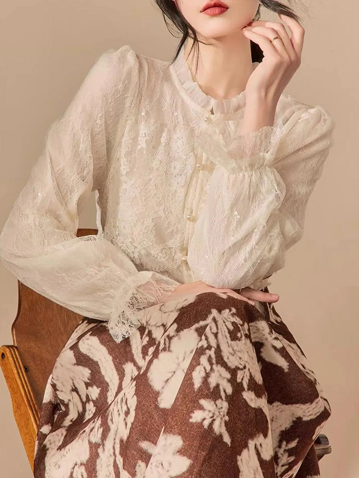 

Elegant Lace Splice Long Sleeve Shirt Trendy Chiffon Top Breathable Comfortable Women's Fashionable Business Casual Shirt
