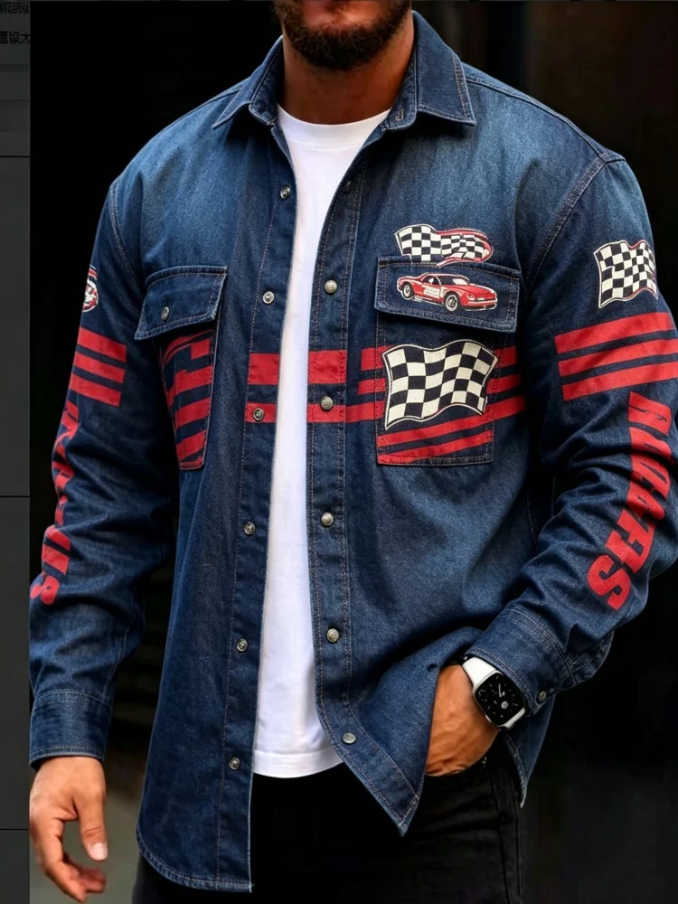 Men's Racing Flag Print Fake Denim Long Sleeve Shirt Lapel Button Down Cargo Pocket Casual Street Top