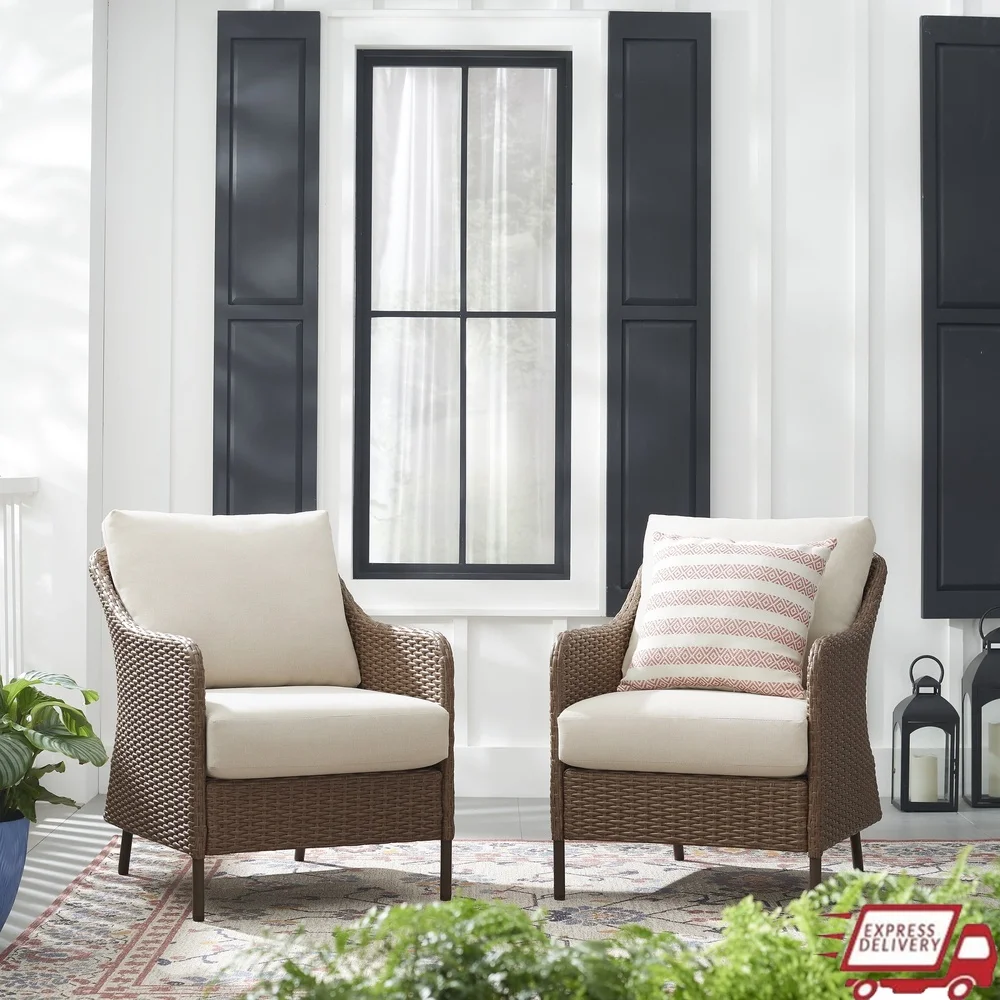 Outdoor Wicker Chair Set 2 Pack with Cushions Ergonomic Design Durable All Weather Comfortable Seating Patio Garden Relaxation