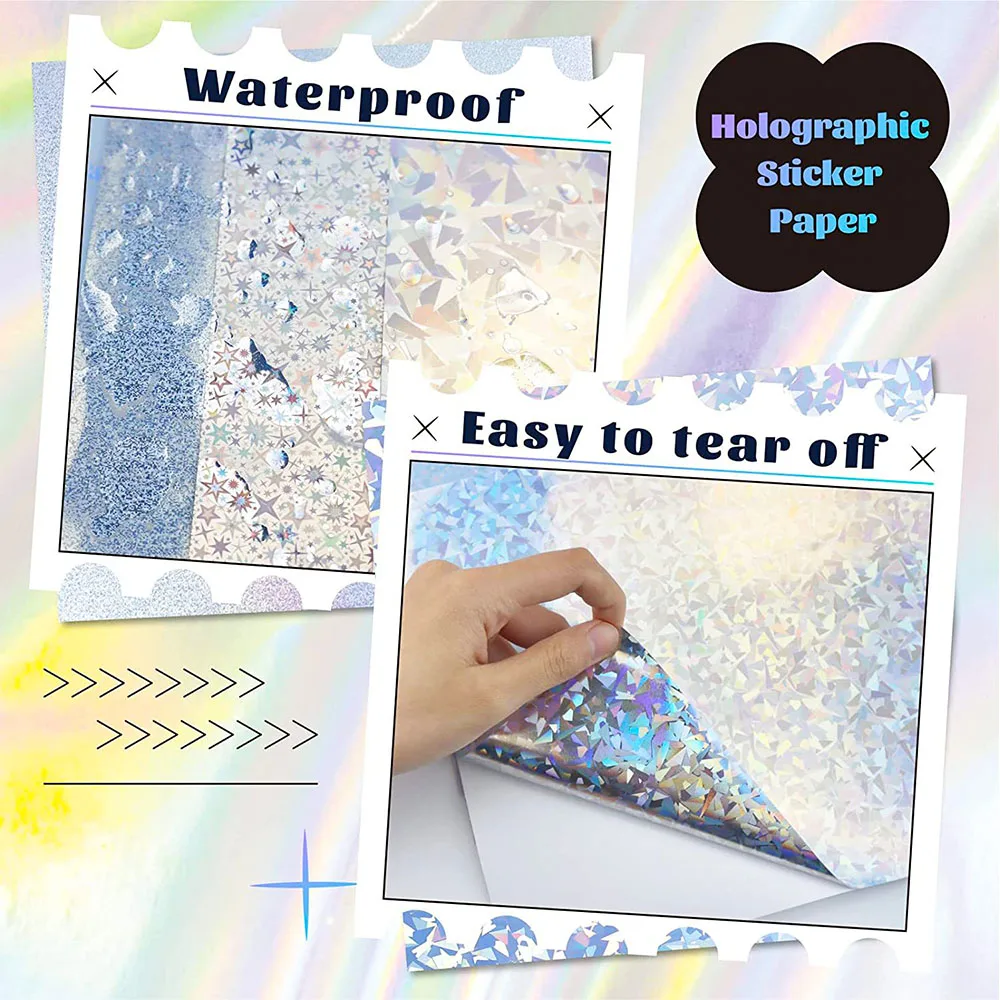 Glitter Self Adhesive Stickers Holographic Transparent Lamination 10 Sheets Films Rainbow Easy Cut Mulit Styles Gift Cards Decor