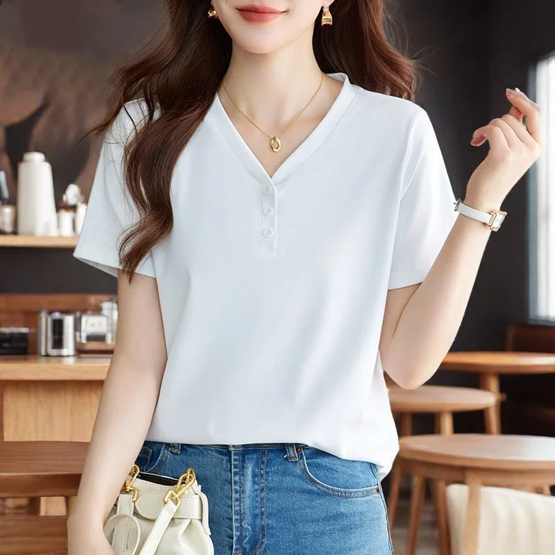 

New Summer Solid Color V-Neck Short Sleeve T-Shirt for Women Stylish and Versatile Suitable for Middle Aged Moms Casual Tops