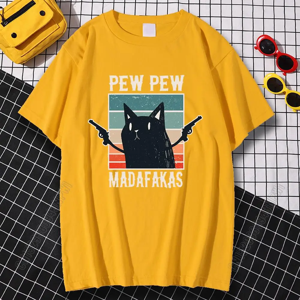 Pew Pew Madafakas Black Cat Cartoon Funny Print T Shirts Men 100% Cotton Clothes Loose T Shirts Harajuku Crewneck Men Tops