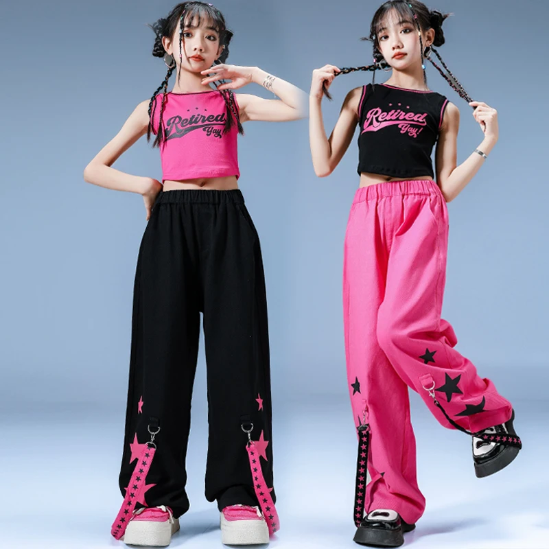 Hip Hop Girls Crop Tops Loose Cargo Pants Children Tank Tops Cool Streetwear Clothes Sets Kids Street Dance Jazz Stage Costume