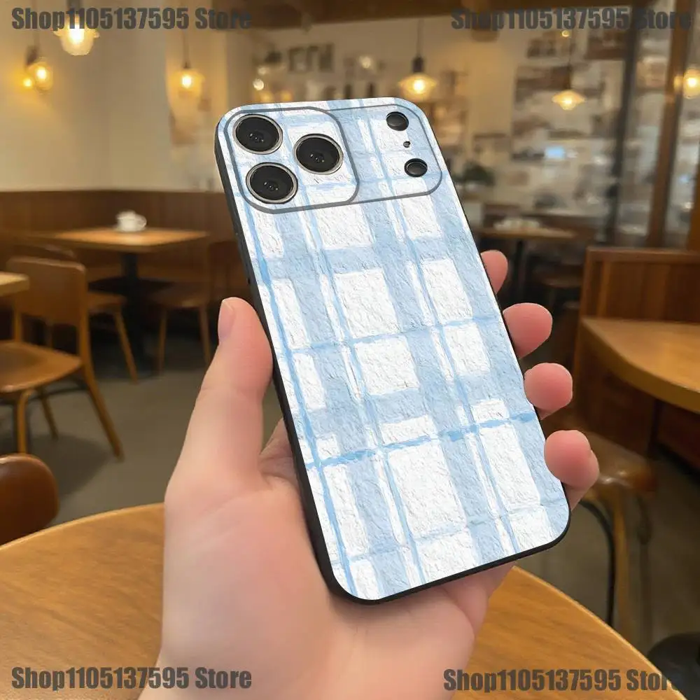 حافظة هاتف شبكية مخططة باللون الأزرق الكوري لهواتف iPhone 17,16,15,14,13,12,11,Pro,XS,Max,XR,Plus,E,SE4,غطاء ناعم أسود صغير