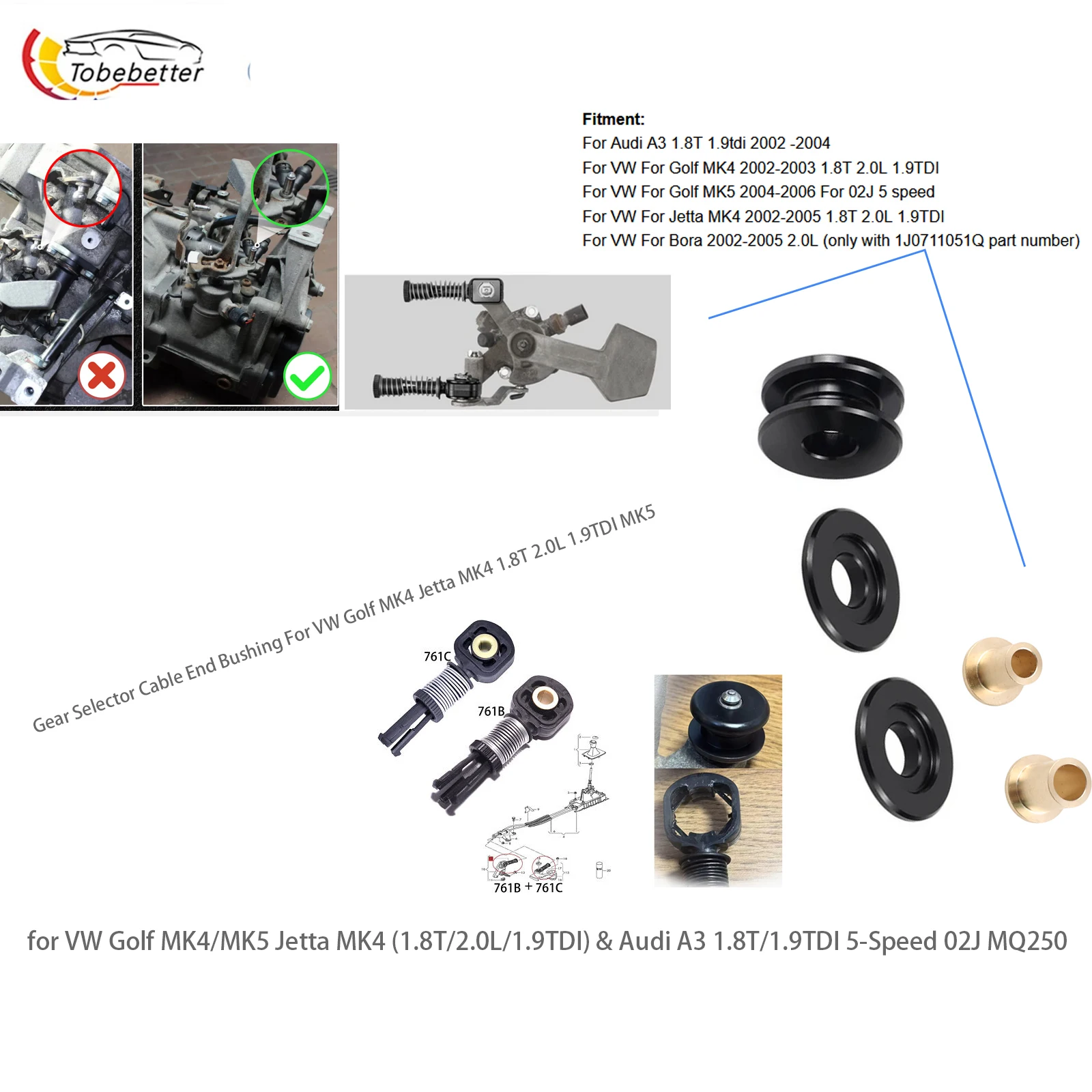 

MQ250 Shifter Cable End Bushing 1J0711051Q For VW Jetta Golf MK4 Bora Audi A3 1.8T 5 Speed MQ250 10mm and 8mm Bushing Pins