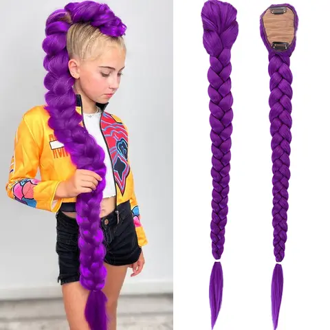 Synthetic Braided Purple Hair Ponytail Rumi Costume Hairstyle 26inch Long Ponytail with Clips for Kids Girls Halloween Christmas