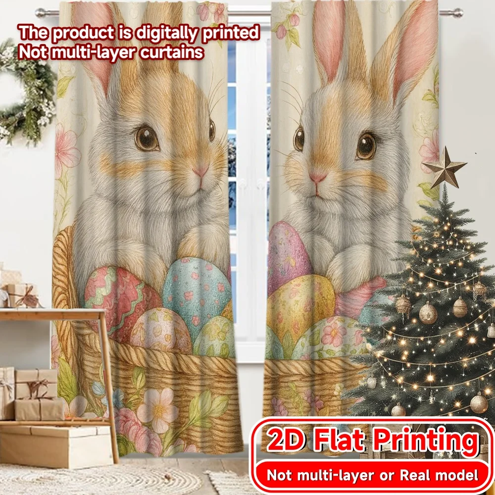 2D Flat Printing,2pcs Easter Basket Bunnies Minimalist Chic Curtains Fabric Curtains Outdoor Decorations for Living Room,