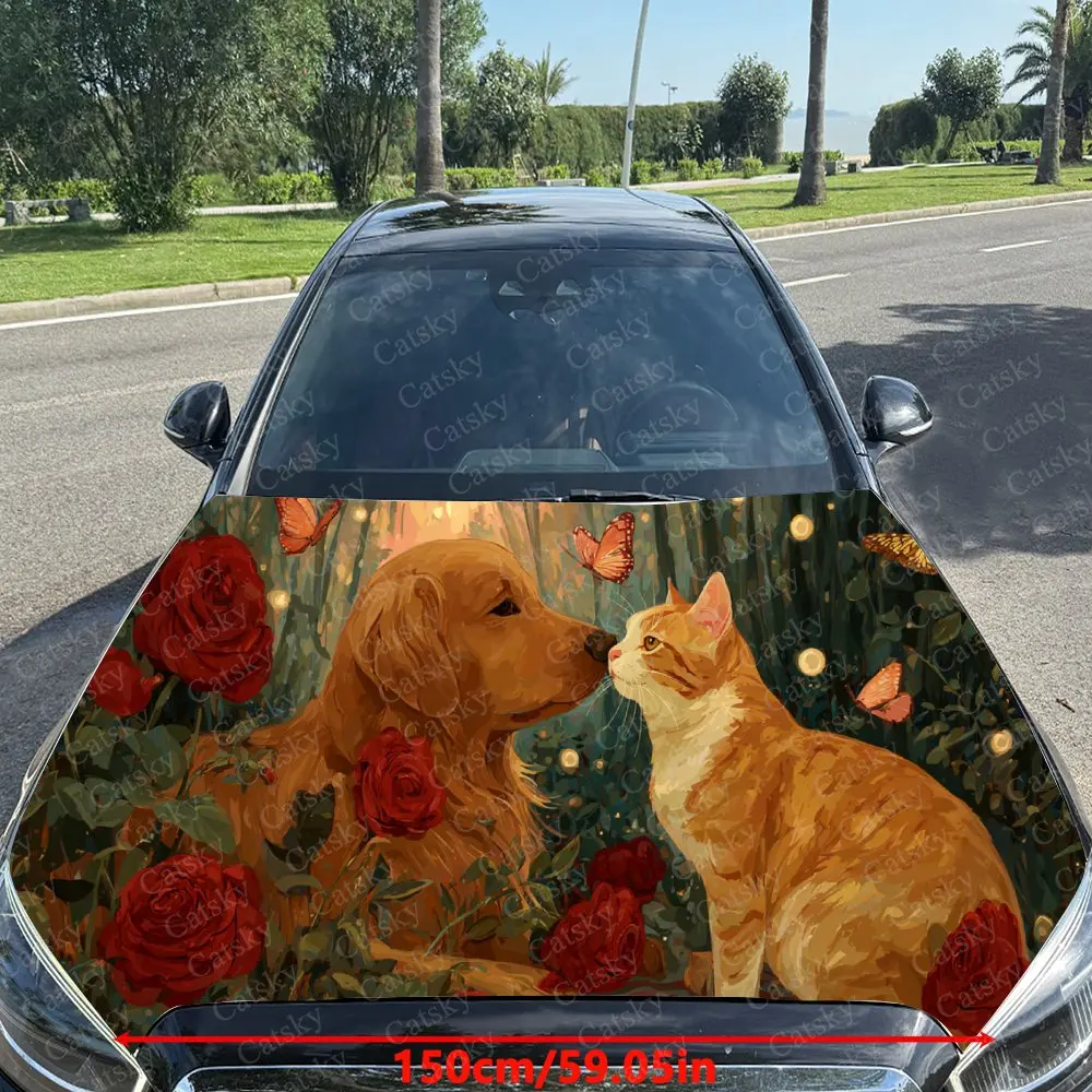 Eye-Catching Adorable Pet Pair Rose Car Cover Sticker, Auto Hood Decal, Car Exterior Scratch Resistant Decal, Trendy Gift for Ca