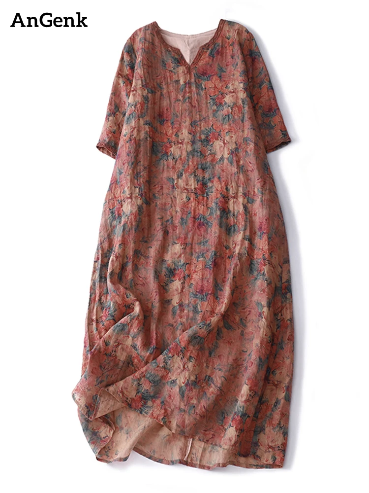 

Summer Print Floral Vintage Dresses For Women 2023 Casual Long Thin Breathable Dress Femme Robe Office Lady Work Elegant Clothes