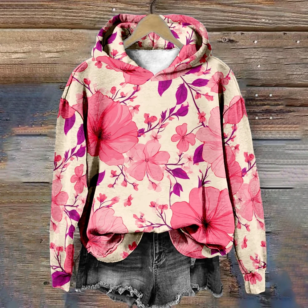 

Винтажная толстовка с 3D принтом и цветочным принтом, женский пуловер в стиле ретро с розовым цветком, свободная уличная одежда, женская толстовка с капюшоном