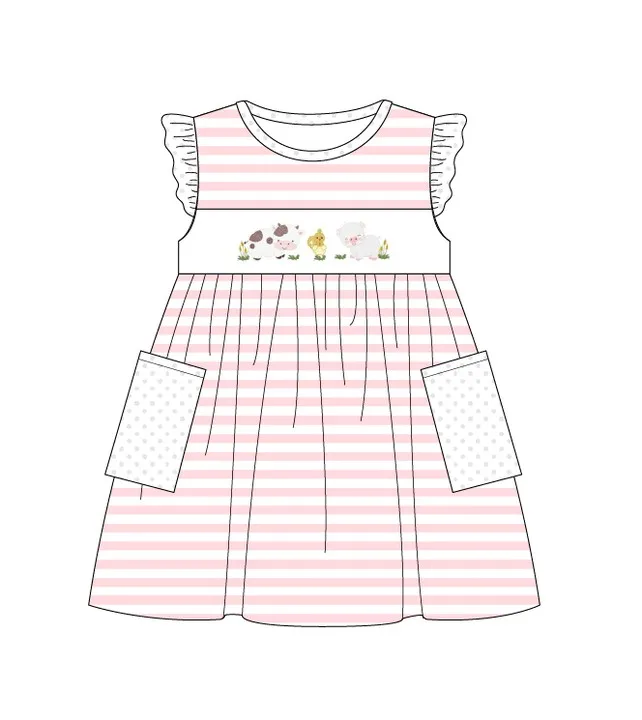 Baby Boutique Short Sleeve T-shirt Set Round Neck Farm Animal Embroidery Girl Dress Boy Pink Stripe Top Clothes And Blue Pants