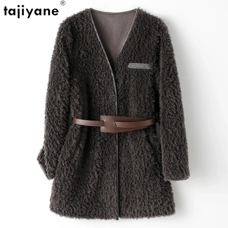 Tajiyane 100% Sheep Shearing Jacket for Women 2023 Autumn Winter Fur Coat Women Medium Elegant Wool Coats V-neck Abrigos Mujer