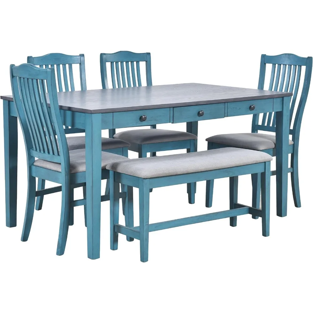 Dining Tables, Mid-Century 6-Piece Wood Dining Table Set with Drawer, 4 Upholstered Chairs and Bench,  Dining Tables