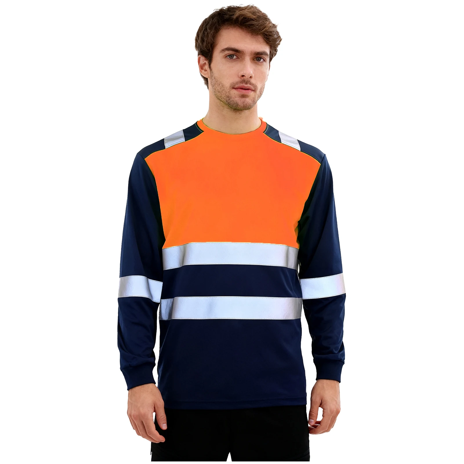 T-shirt à bandes réfléchissantes pour hommes, haute visibilité, manches longues, évacuant l'humidité, bloc de couleur, protection de sécurité, vêtements de travail
