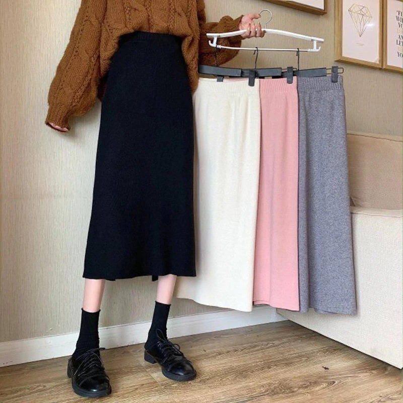 Biyaby Basic Spilt Knitted Skirt Women 2023 Autumn Winter Solid Thicken Midi Skirts Ladies Preppy Style High Waist A-Line Skirt