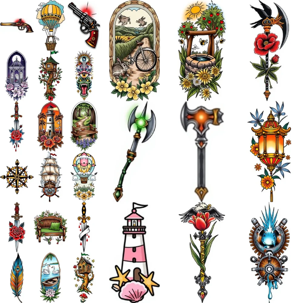 

28pcs Temporary Tattoo New School Traditional Bird Sword With Rose Axe For Men Women Shoulders