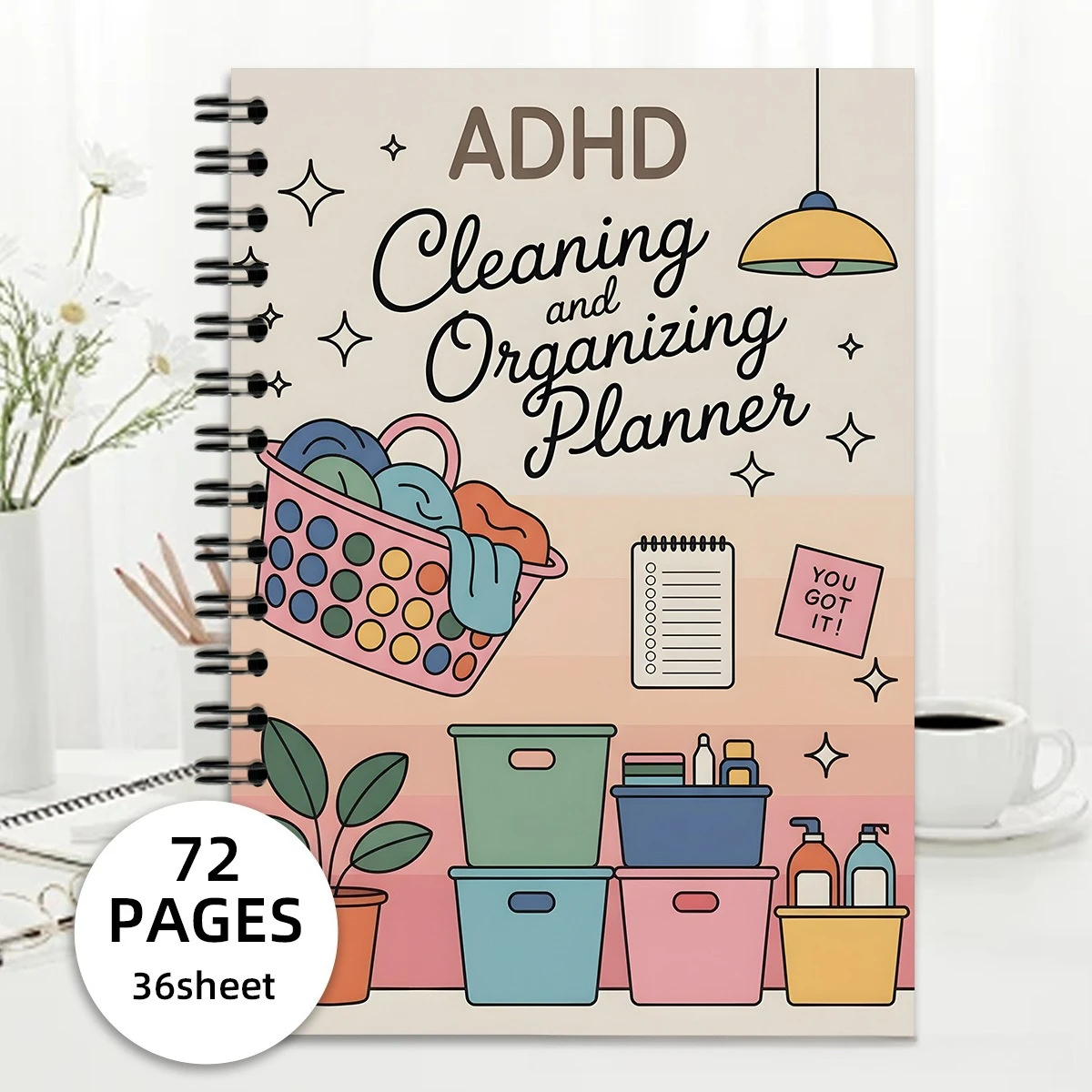 New Popular Cross-border 72 Pages A5 ADHD Cleaning Plan Spiral Notebook, Writing & Coloring Book
