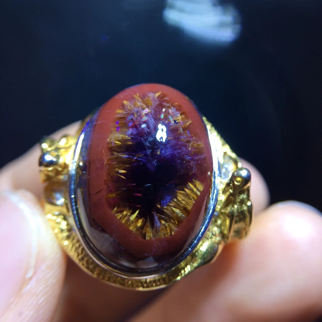 Natural Red Auralite 23 Cacoxenite Adjustable Ring 21.2/15.4mm Gold Rutilated Big Size Gift Ring Healing AAAAA