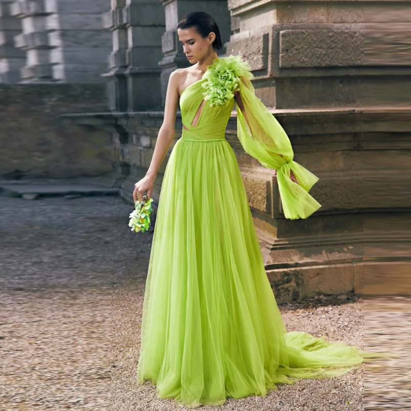 

Fluorescent Green Tulle Formal Dresses 3D Flower Party Prom Gown Long Sleeves Women Maxi Dress Holiday Summer One Shoulder
