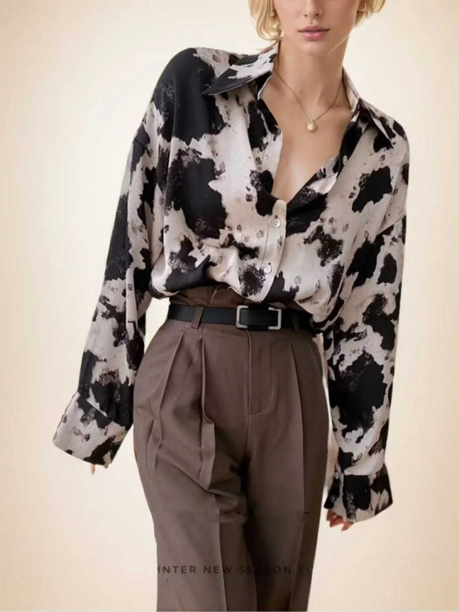 

GELITAYIN Spring And Summer Printed Button Casual Shirt Women's Long-sleeved Loose Shirt Women's Fashion Clothing Office Ladies