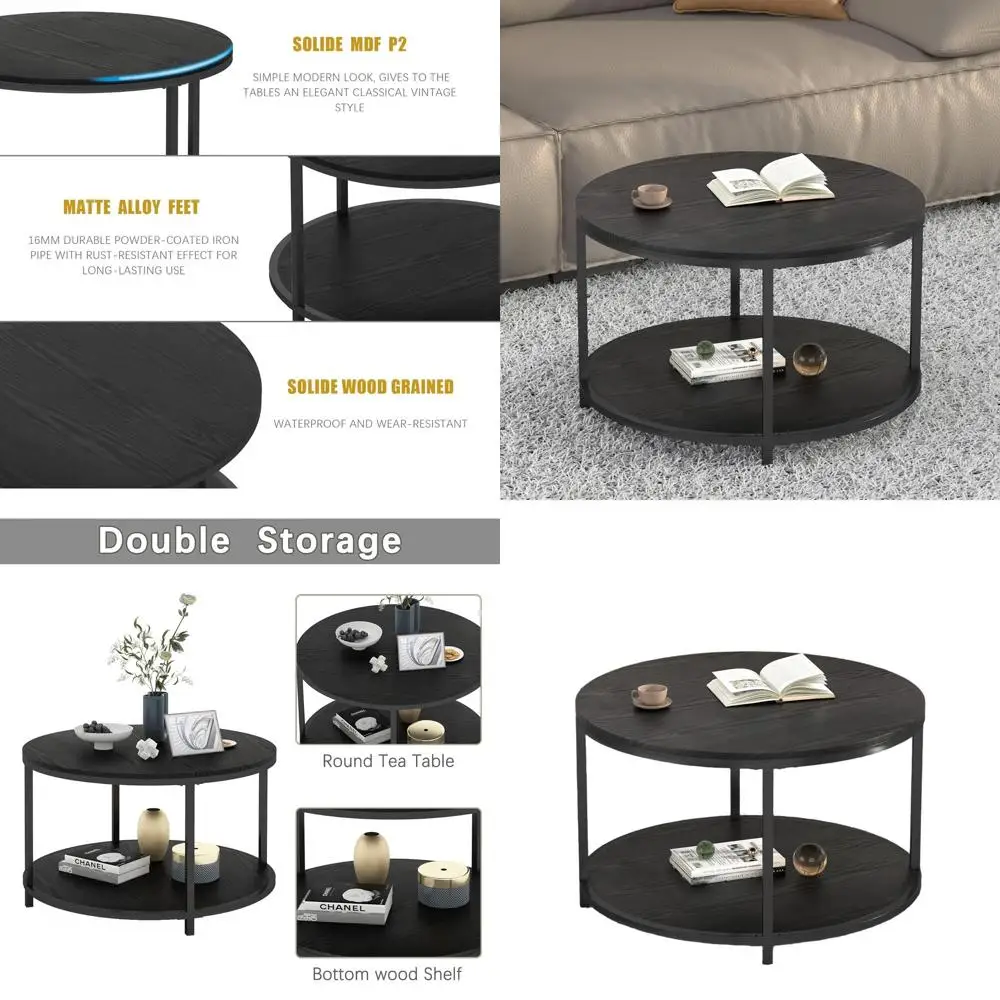

Modern 2-Tier Brown Rustic Wood Coffee Table with Storage Shelf for Living Room, 25.6 Diameter