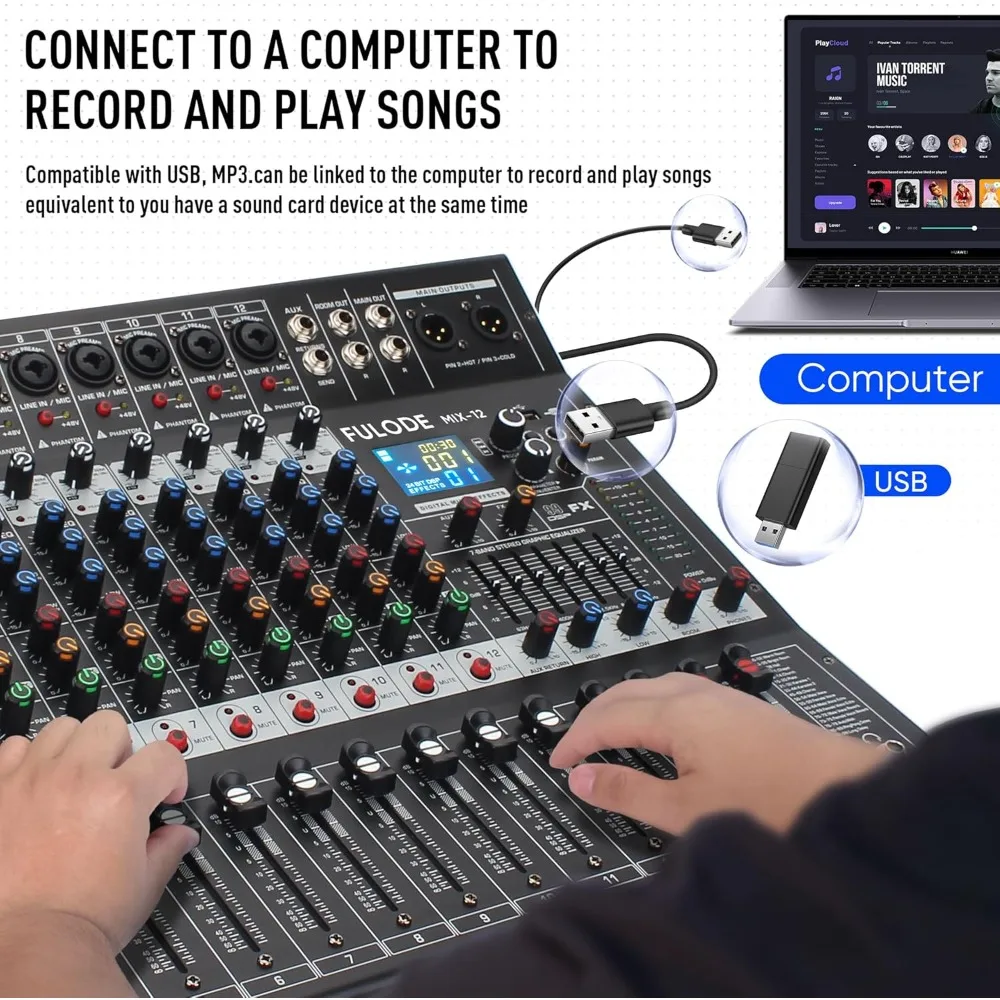 12-Channel Bluetooth Studio Audio Mixer 99 Bit DSP Digital Processor w/USB MP3 for PC Recording Input, RCA