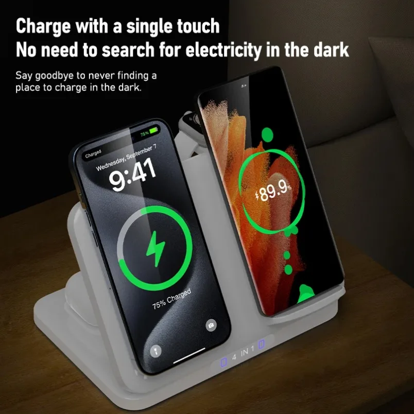 

Desktop 4 in 1 Wireless Charger Stand Foldable For iPhone 17-12 Samsung Apple Watch 2-8 SE Airpods Pro Fast Charging Station