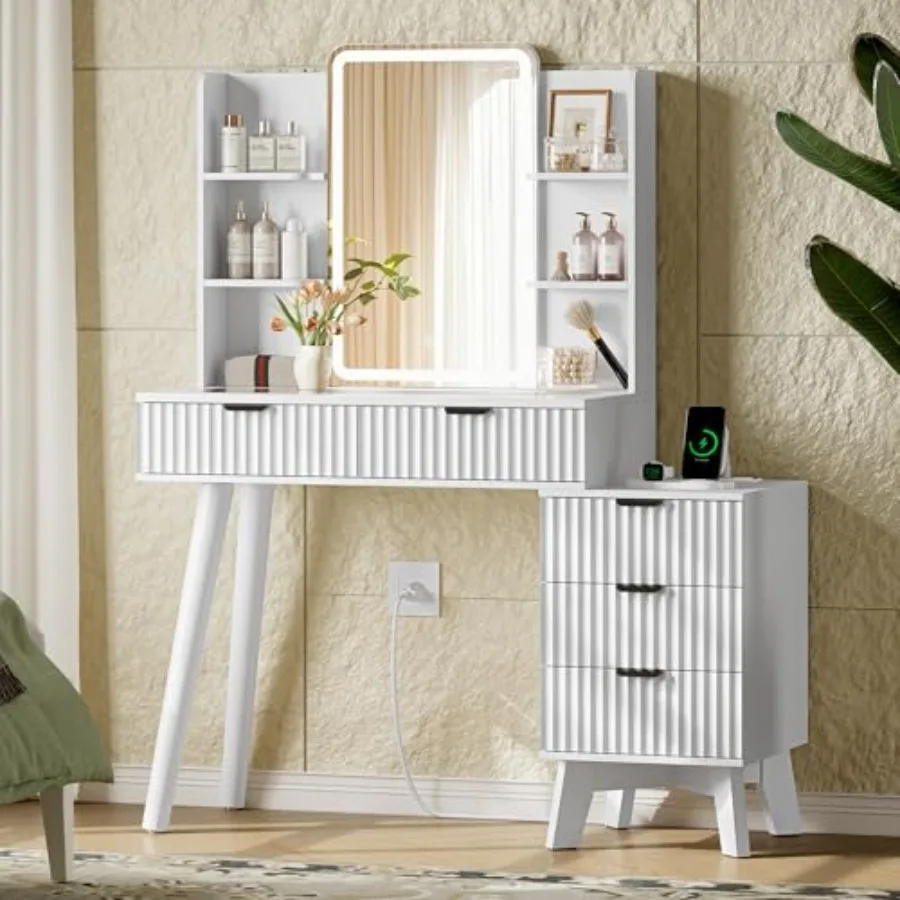 

Fluted Small Makeup Vanity with Storage Drawers Shelves Modern Dressing Table Set with HD Lighted Mirror and Lights White Glass