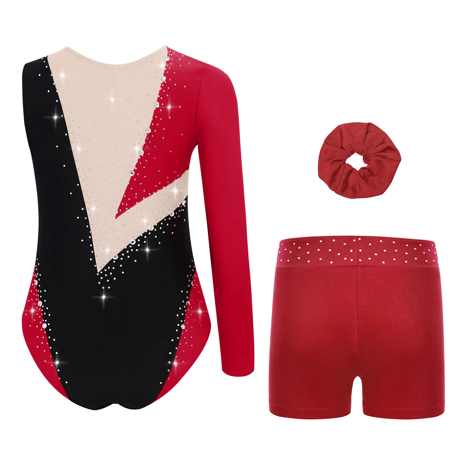 Kids Girls Ballet Dance Suit Gymnastics Jersey Shiny Rhinestones Leotard with Shorts Headwear Figure Skating Performance Outfit