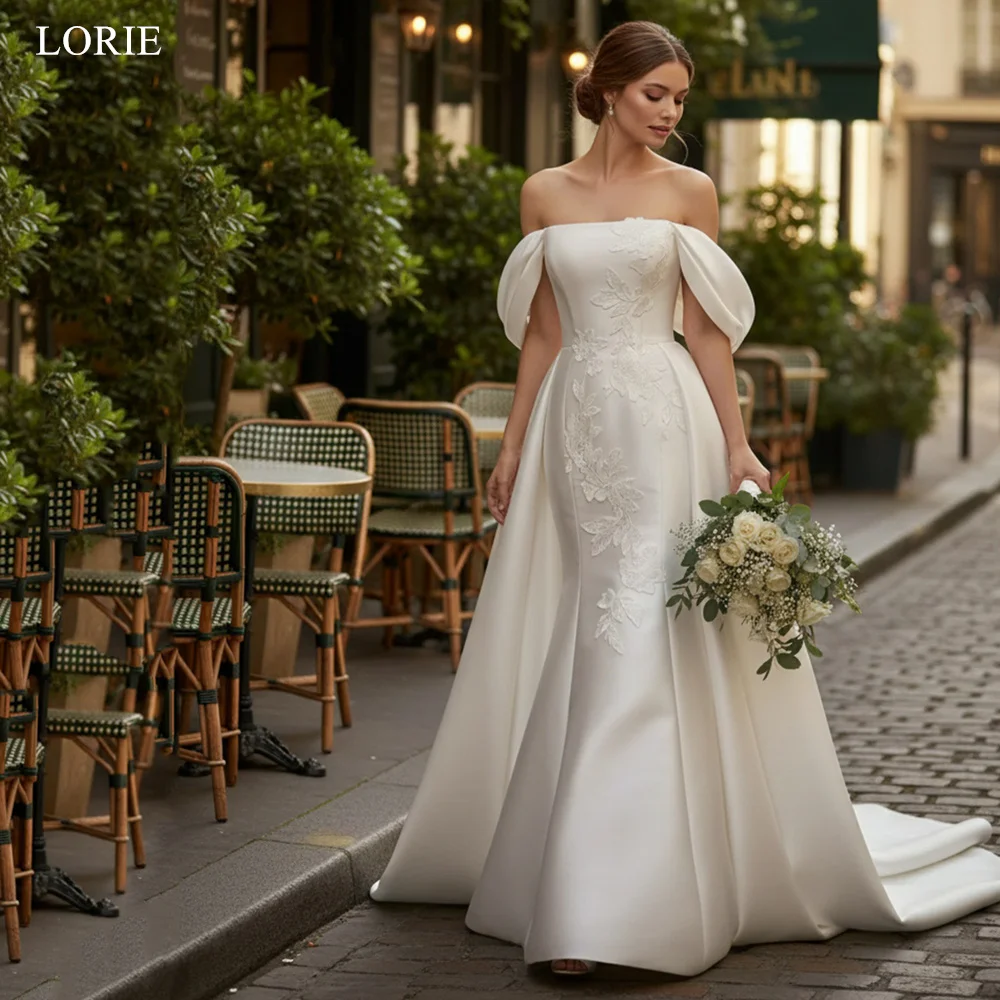 

LORIE Elegant Satin Wedding Dresses Appliques Off The Shoulder Mermaid Bride Prom Gown Long Train Bridal Gowns Customized
