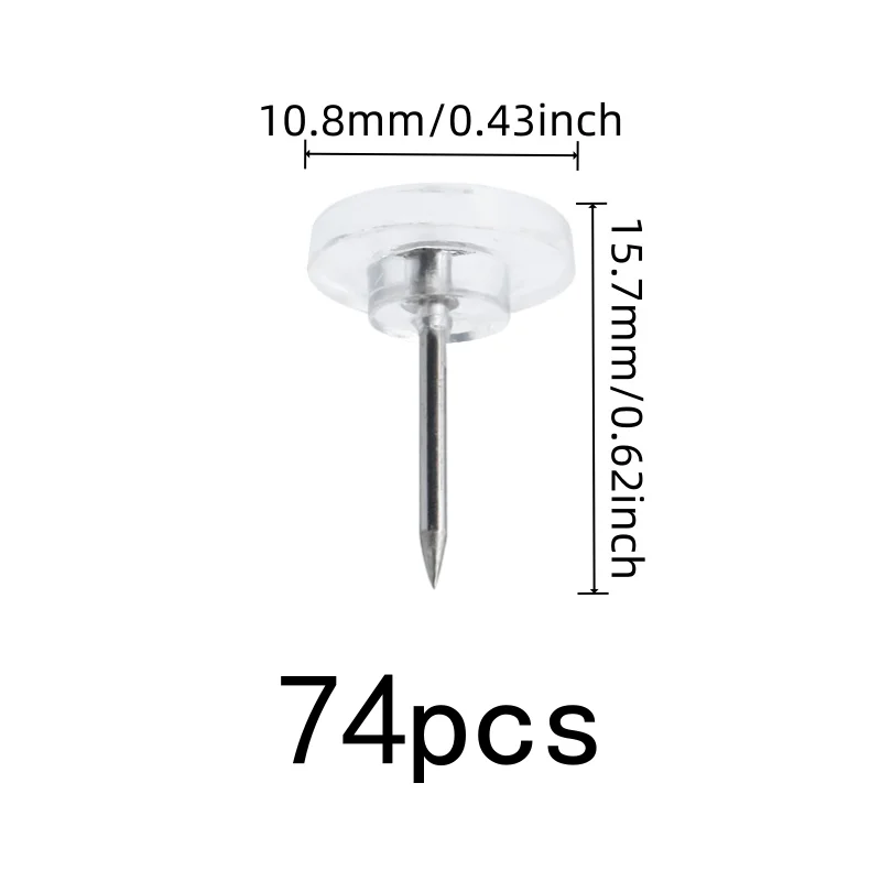 74 pcs Flat Head Push Pins, Transparent Flat Head and Reusable Wall Safe, ideal for Photo Picture Pinning