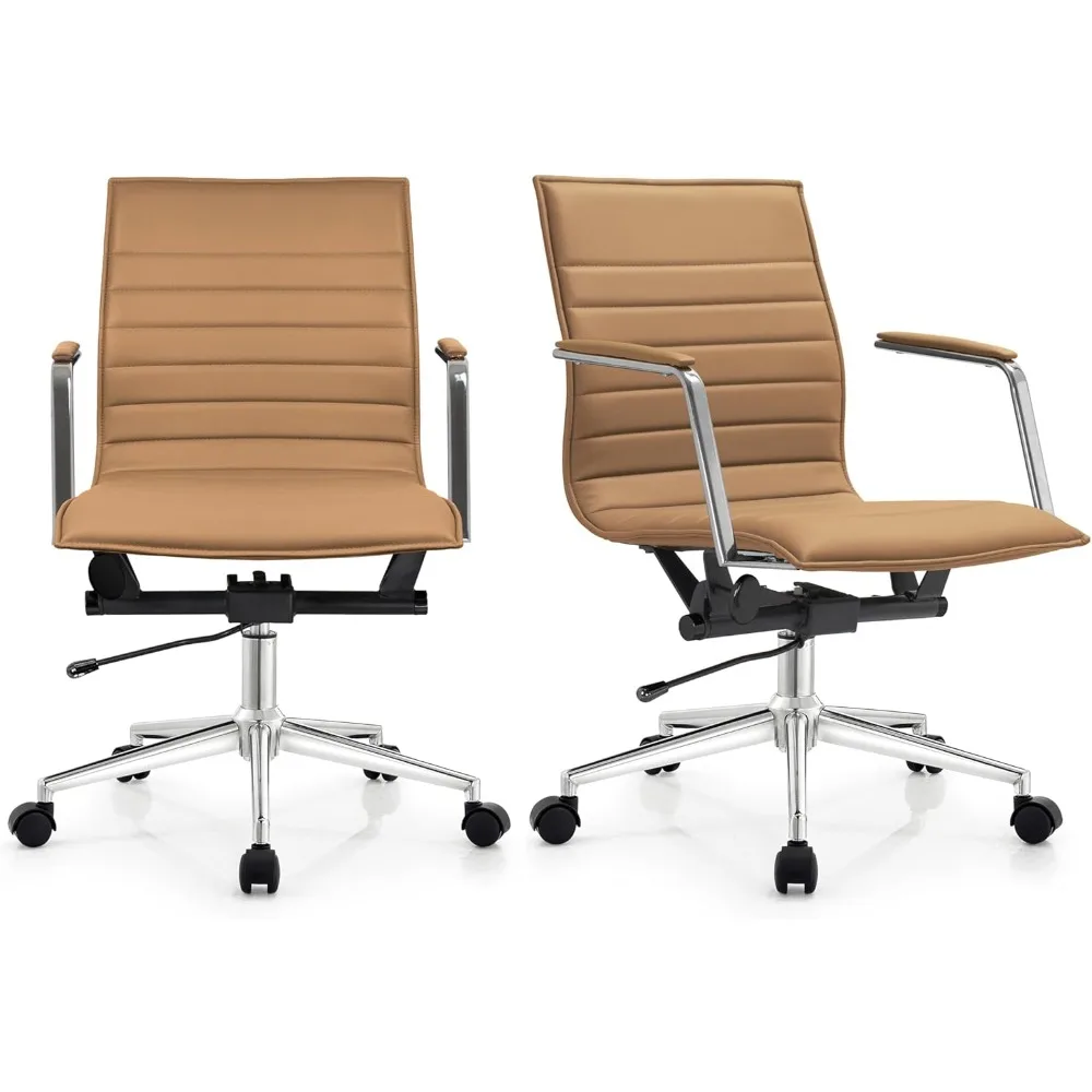 modern mid-back ribbed pu leather office desk chairs - swivel, tilt, adjustable height, beige