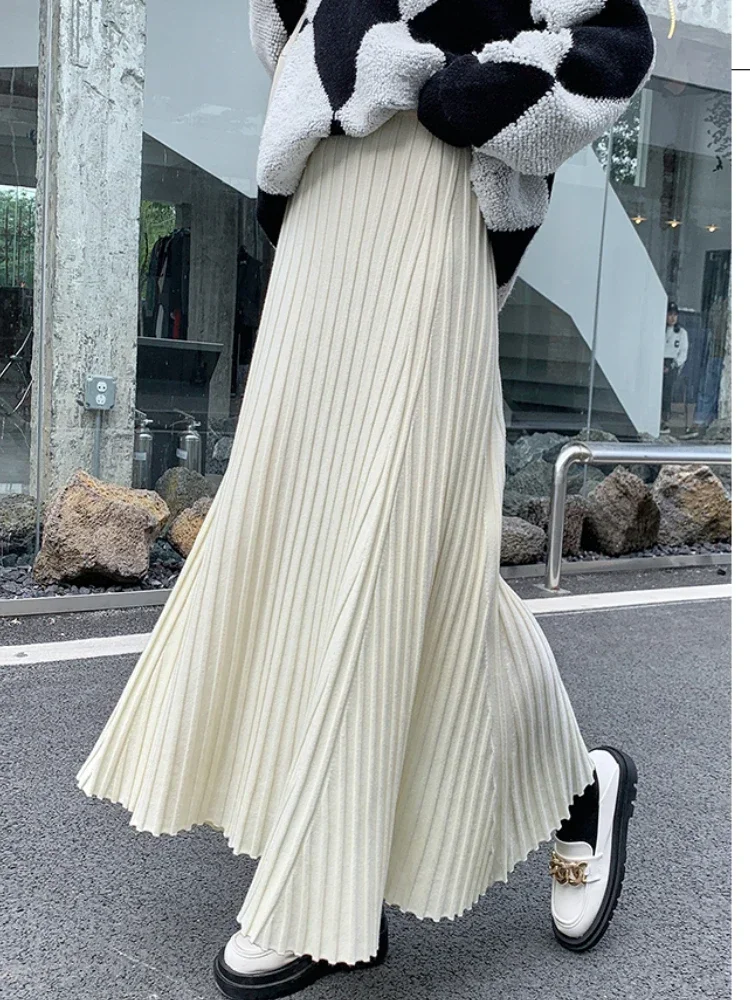 Autumn Winter Women\'s Long Skirt High Waist Knitted A-line Pleated Skirt Ladies Elegant Solid Gray Loose Casual Skirts for Women
