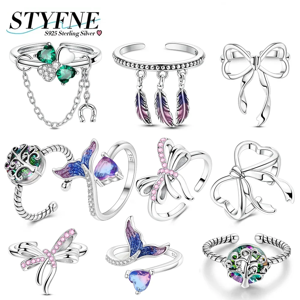 Color Zircon Wing Bow Feather Clover Horseshoe Tassel Ring 925 Silver Original Adjustable Ring Anniversary Birthday Gift Jewelry