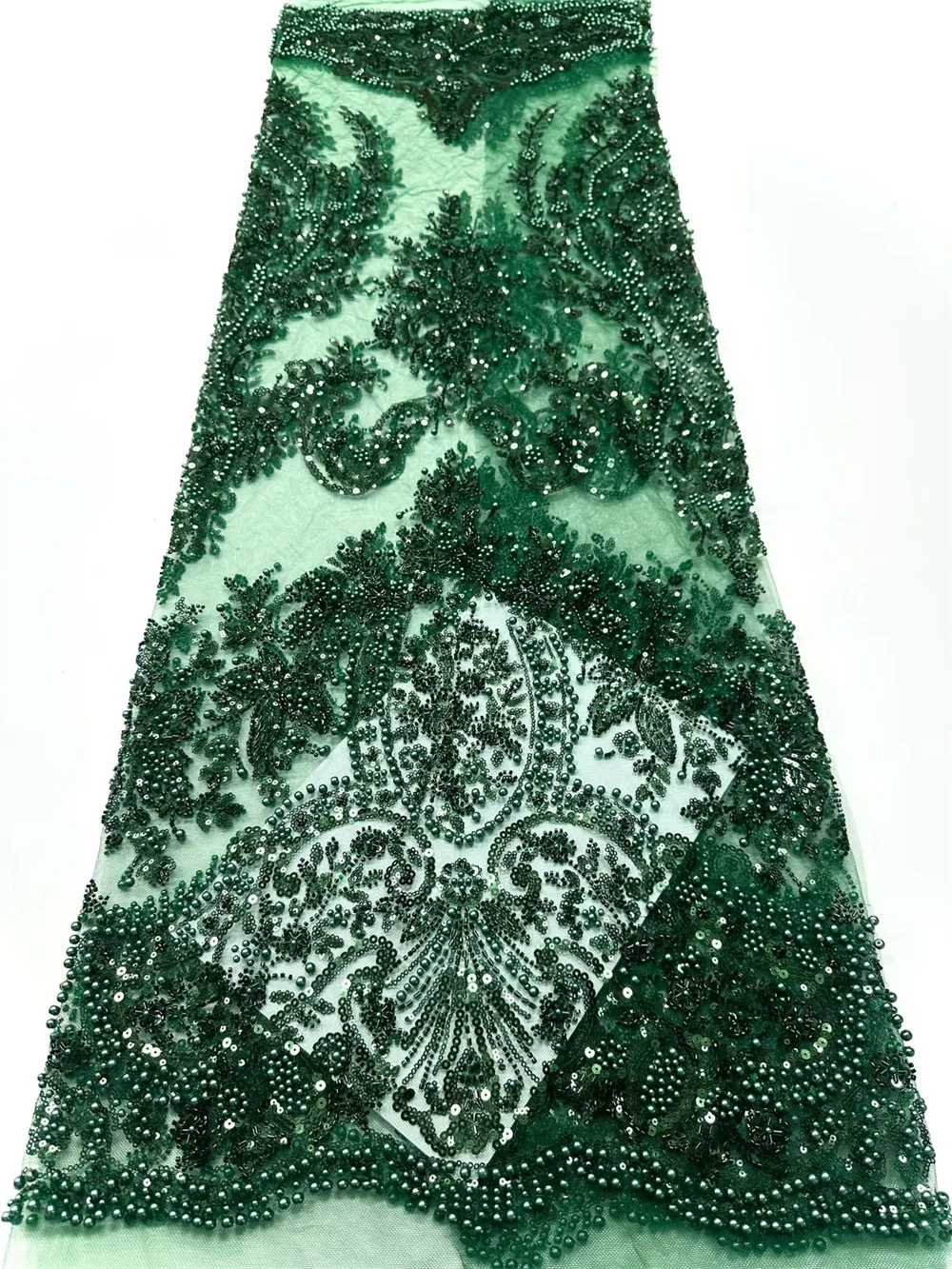 

African 2025 Green Beaded Lace Fabric French 5 Yards Tulle Mesh Sequins Embroidered Net Lace Fabrics Weddings Party Dress Hm19-1