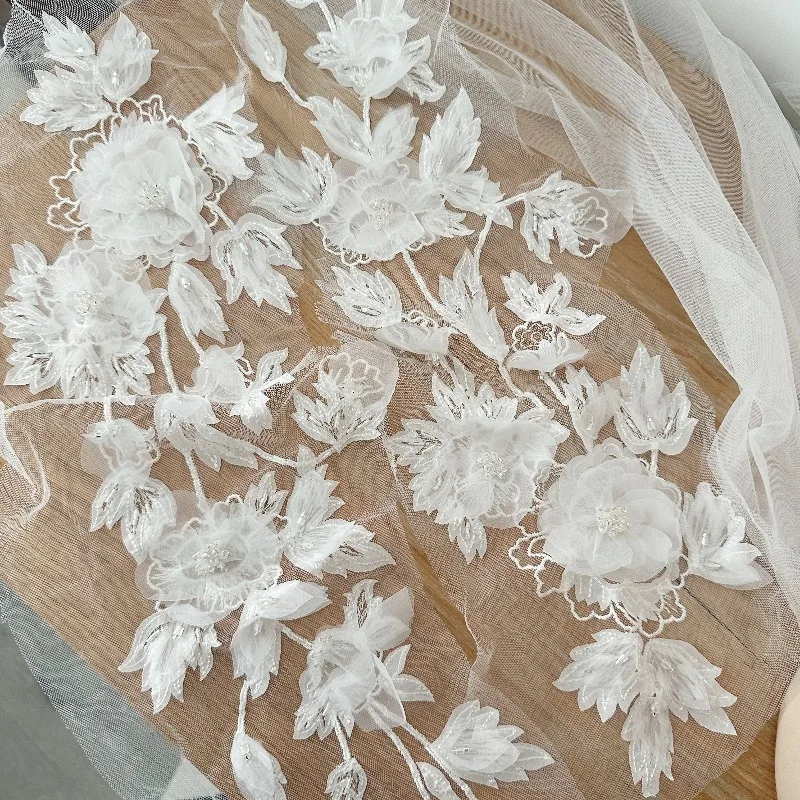 1 Pair High-End Handmade Beaded Large-Size Flower Patches High-Quality Outer Order Texture Lace Flower for Veil and Gown Lace