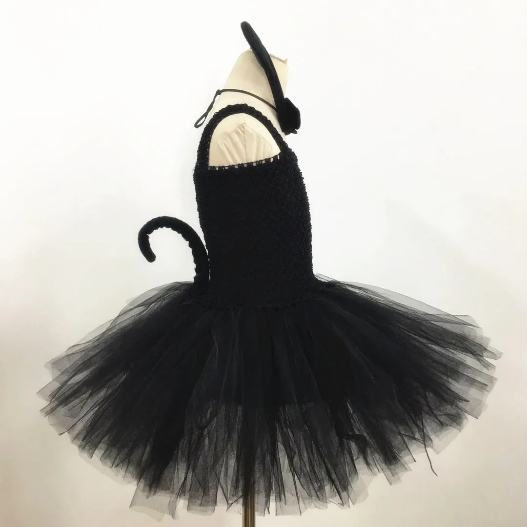 Kids Children Girl Black Cat Tutu Dress Bowtie Tail Headband Set Birthday Party Clothing Costume Cosplay Halloween