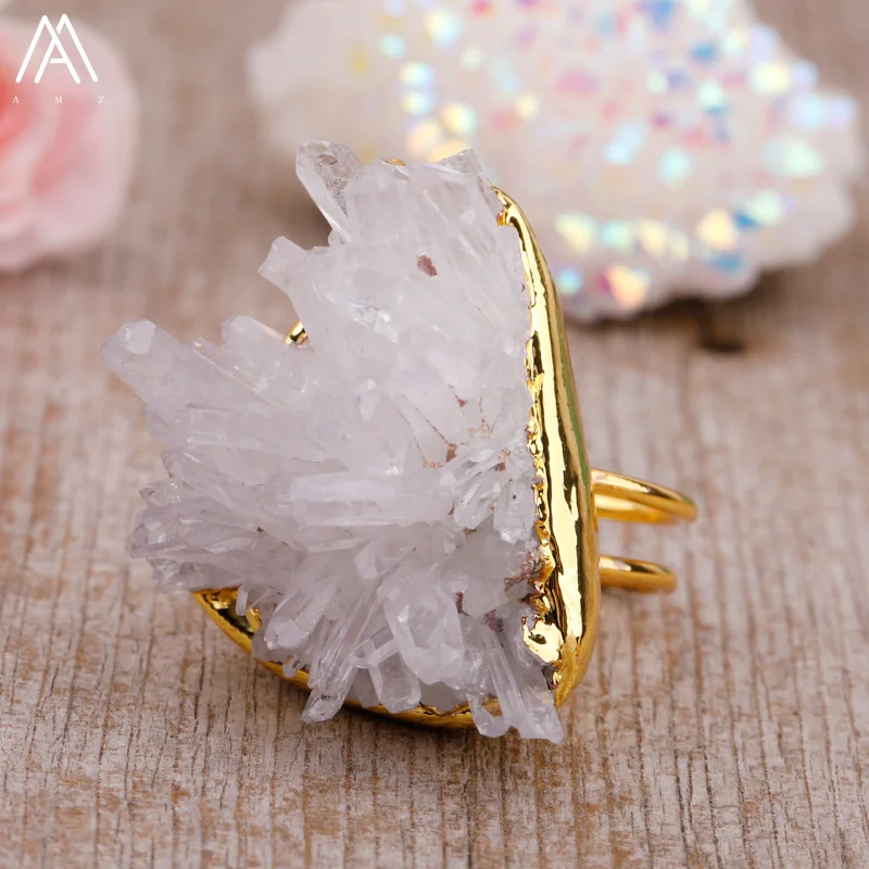 Healing Crystals Point Gold Rings For Women Exquisite White Quartz Open Finger Ring Party Wedding Birthday Ring Jewelry Gift