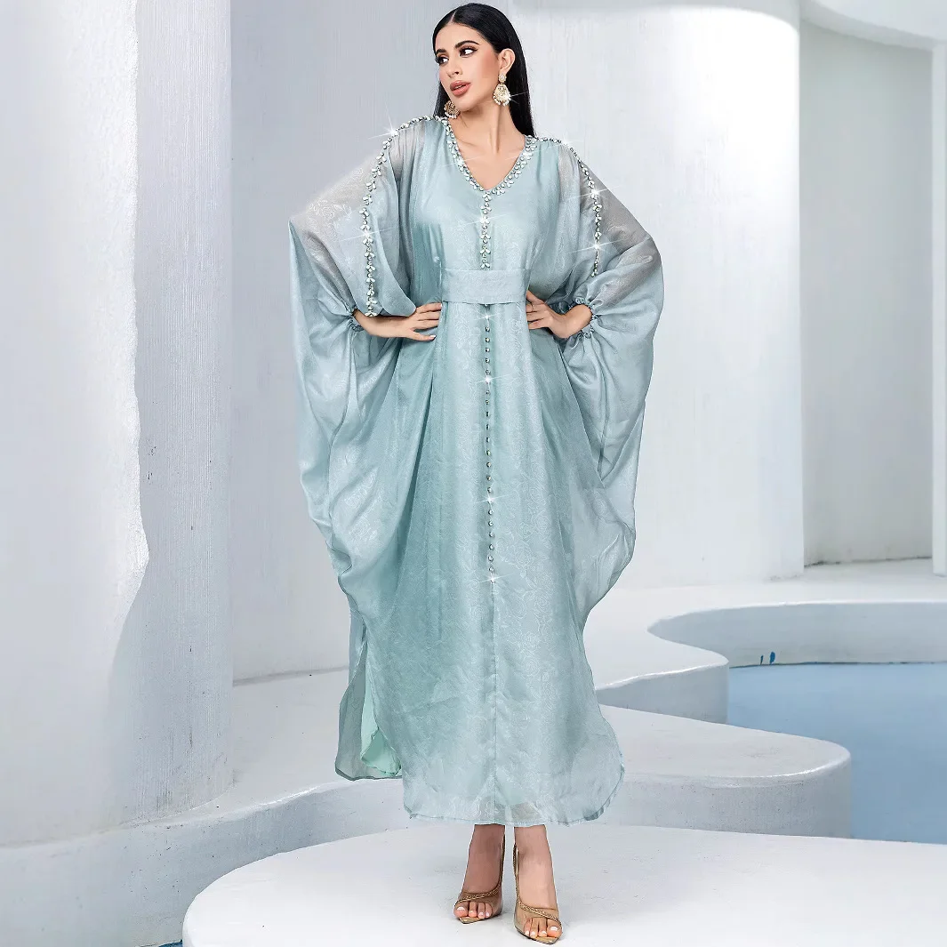 

Мусульманское платье макси Ид Джеллаба с бриллиантами и v-образным вырезом, женское платье Дубай, халат Kebaya с рукавами «летучая мышь», абайя, Рамадан, кафтан Musulmane Femme Vestido