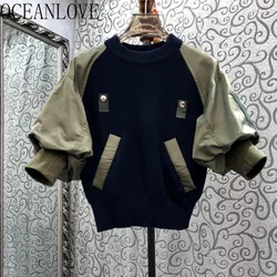 OCEANLOVE Knitted Patchwork Hoodies Women Tops Contrast Color Vintage Korean Fashion Sweatshirts Autumn Winter Sudaderas