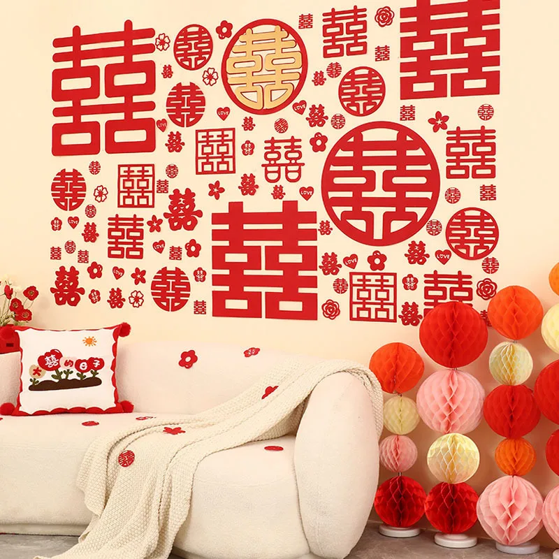 

Chinese Wedding Special Baixi Figure Happy Wedding Room Arrangement Decor Set of 100 Kinds of Xi Background Wall Photo Props