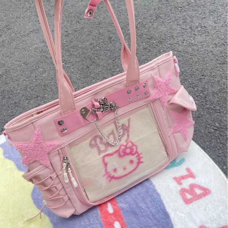 

MBTI Y2k Hello Kitty Womens Tote Bag Canvas Large Capacity Pink Patchwork Shoulder Bag Casual Chain Sweet Fashion Ladies Handbag