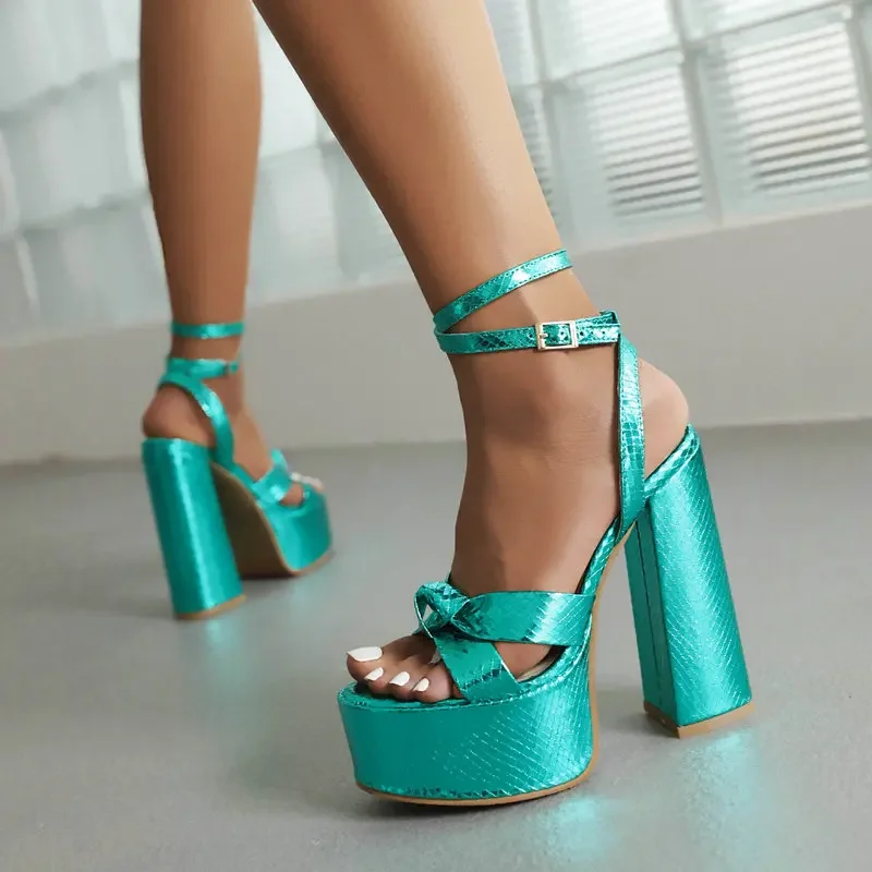 Shiny Summer Patent Leather Open Toe Sexy Womens Party Wedding Heels Shoes Ankle Cross-strap Blue Green Fashion Platform Sandals