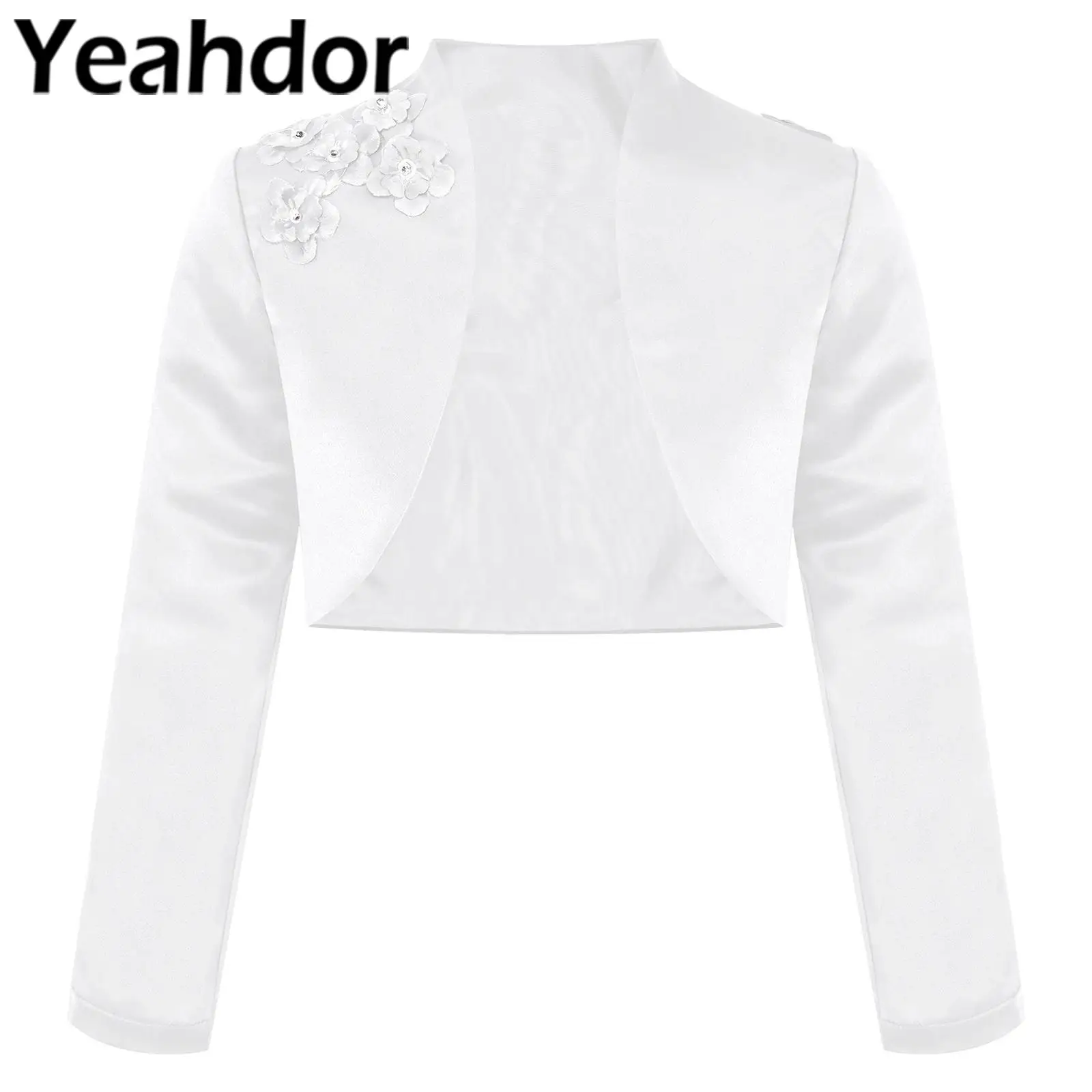 

Flower Girls Satin Bolero Shrug Long Sleeve Kids Wrap Shawls Open Front Cardigan for Dress Accessory Communion Wedding Jacket