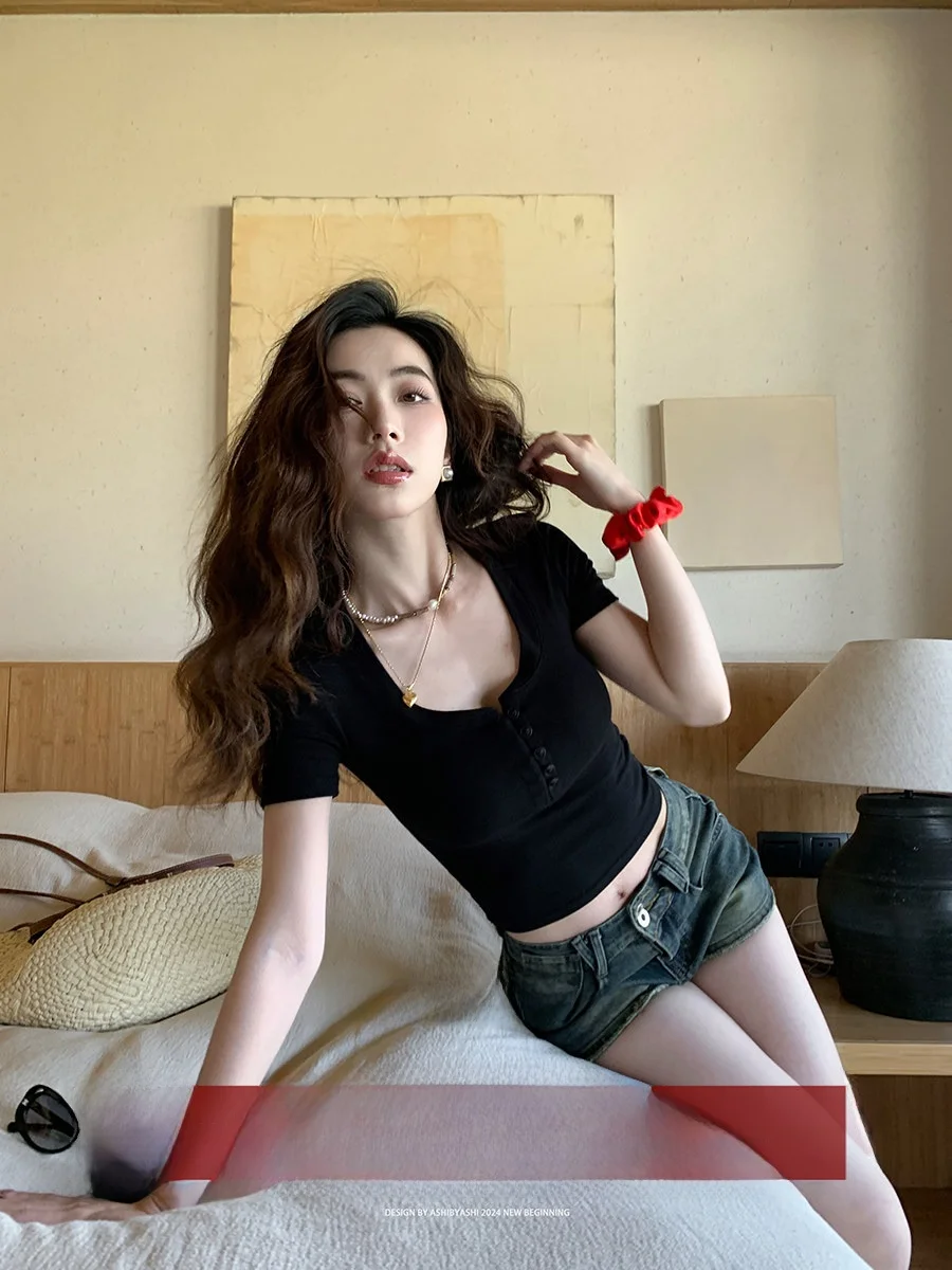 

Lightweight Knitted Slim Fit ort Sve T-irt Square Collar 0 Prure Sensation Sweet And Spicy Girl Summer Top