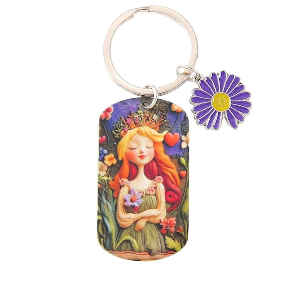 Lovely Sunflower Girl Stainless Steel Keychain Born in The Sun Metal Bag Decorations Oil Painting Girl Engraved Bag Pendant Men