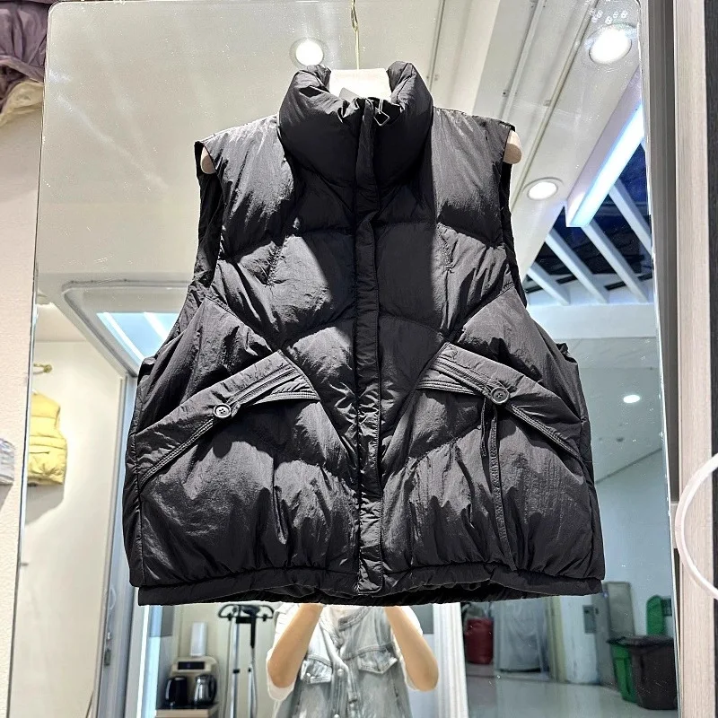 Jesienno-zimowa krótka kamizelka puchowa z wysokim kołnierzem, z białego puchu kaczego, bez rękawów, zapinana na zamek, ciepła kamizelka damska, odzież wierzchnia JJ1080